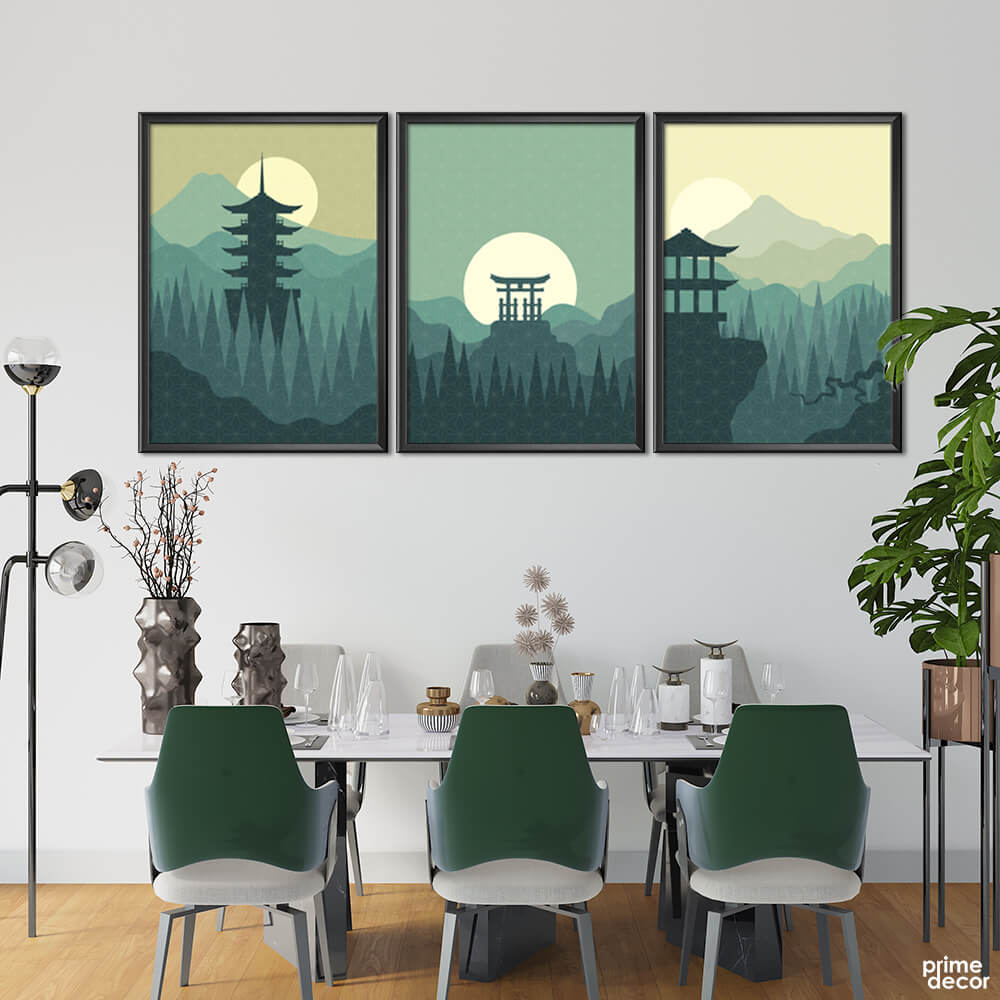 Green Minimal Japanese Architecture (3 Panel) Digital Wall Art - Prime Décor