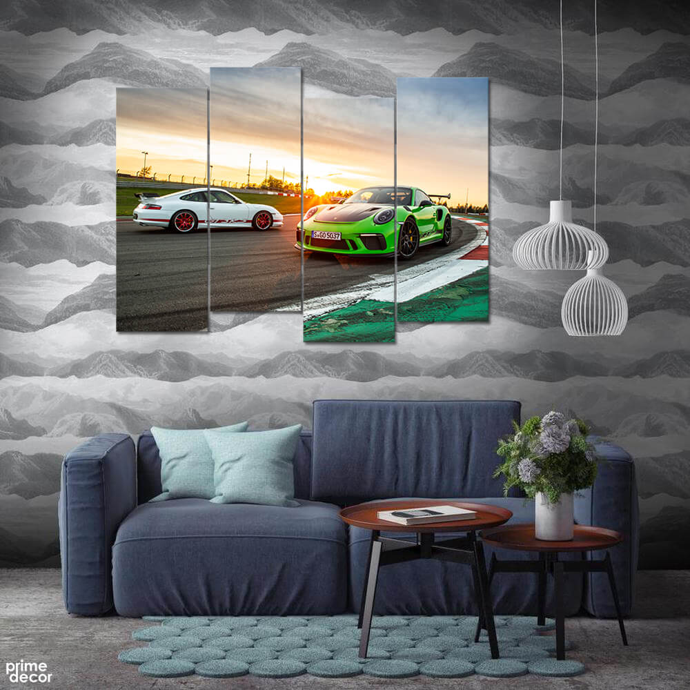 Green Porsche 911 GT3 RS on Track (4 Panel) Cars Wall Art - Prime Décor