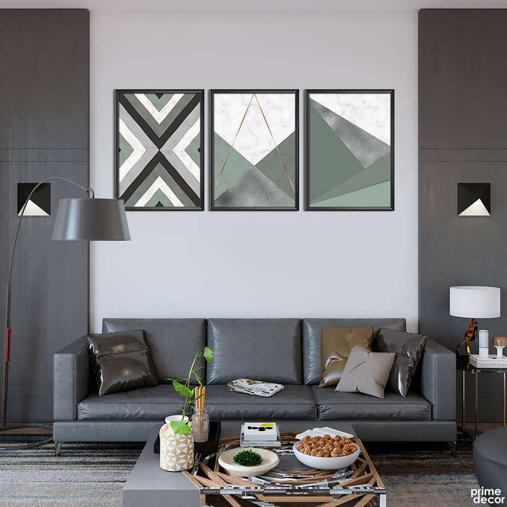 Green White And Silver Geometric Shapes (3 Panel) Abstract Wall Art - Prime Décor