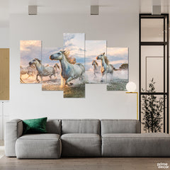 Horses Running & Splashing Water (5 Panel) Animal Wall Art - Prime Décor