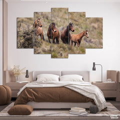 Horses in the Mountain Grass (5 Panel) Animal Wall Art - Prime Décor