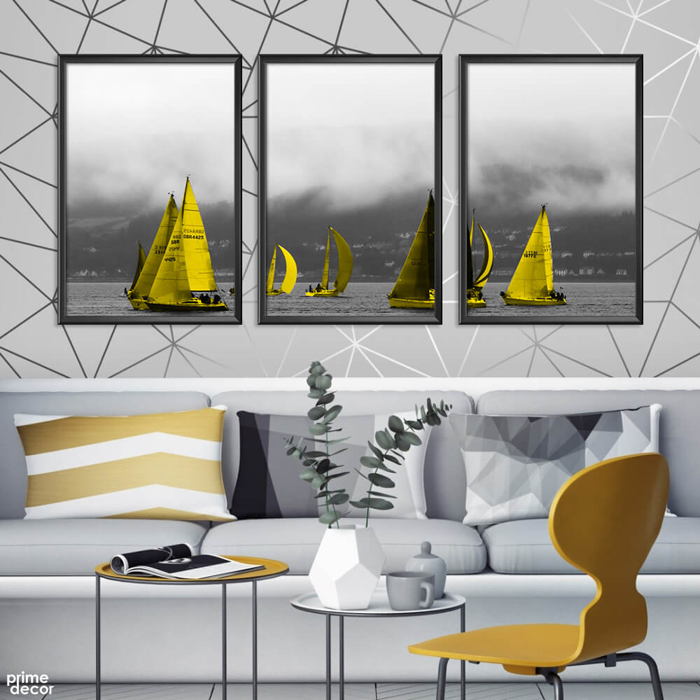 Jane Black & White Yellow Boats Scenery (3 Panel) Nordic Wall Art - Prime Décor