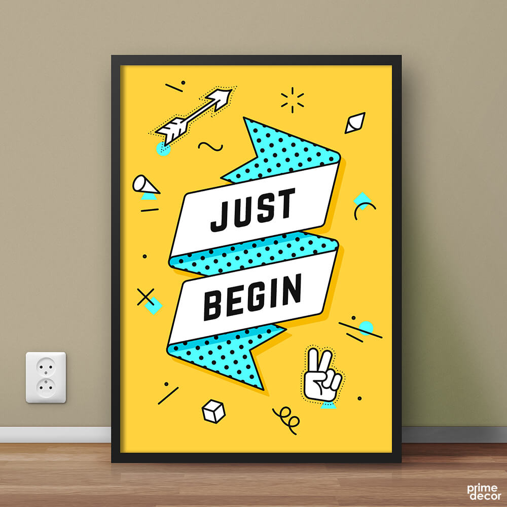 Just Begin Yellow Doodling Design | Motivational Poster Wall Art - Prime Décor