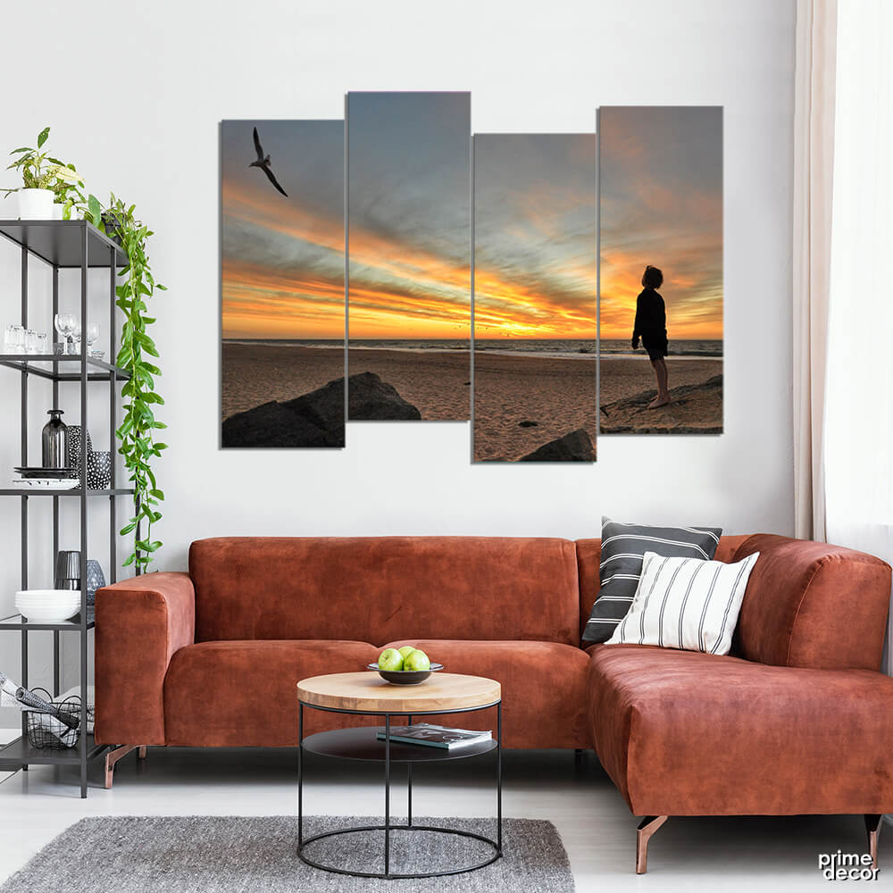 Kid on the Beach at Sunset (4 Panel) Landscape Wall Art - Prime Décor