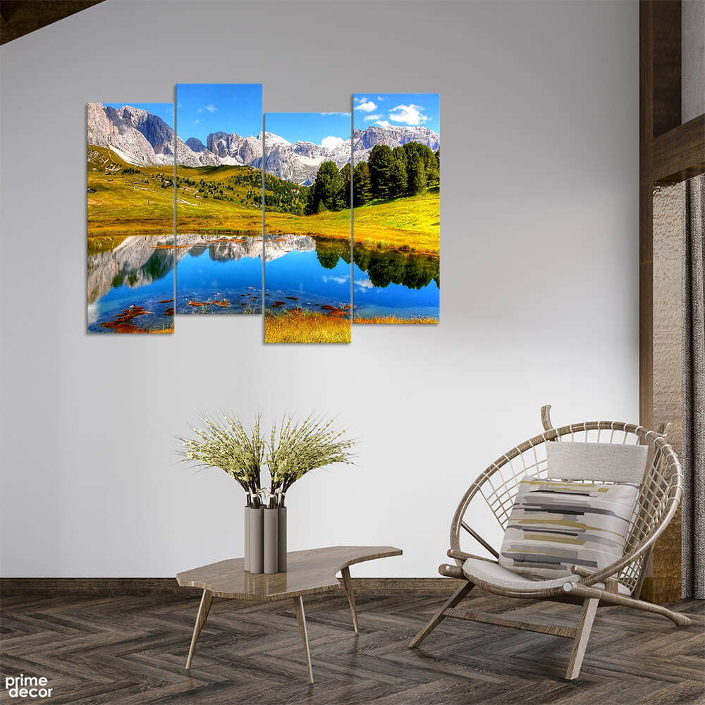 Lake with Pasture Land and Mountains (4 Panel) Landscape Wall Art - Prime Décor