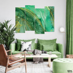 Luxurious Teal Green & Gold Fluid Design (4 Panel) Abstract Wall Art On Sale - Prime Décor