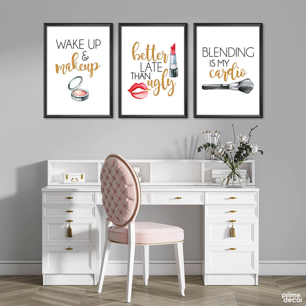Makeup Quotes Golden Typography (3 Panel) Fashion Wall Art - Prime Décor