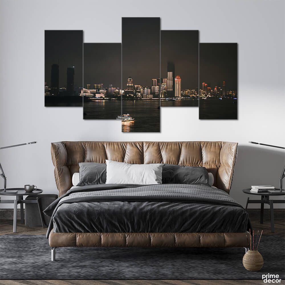Marine Architecture Night Skyline (5 Panel) Landscape Wall Art - Prime Décor