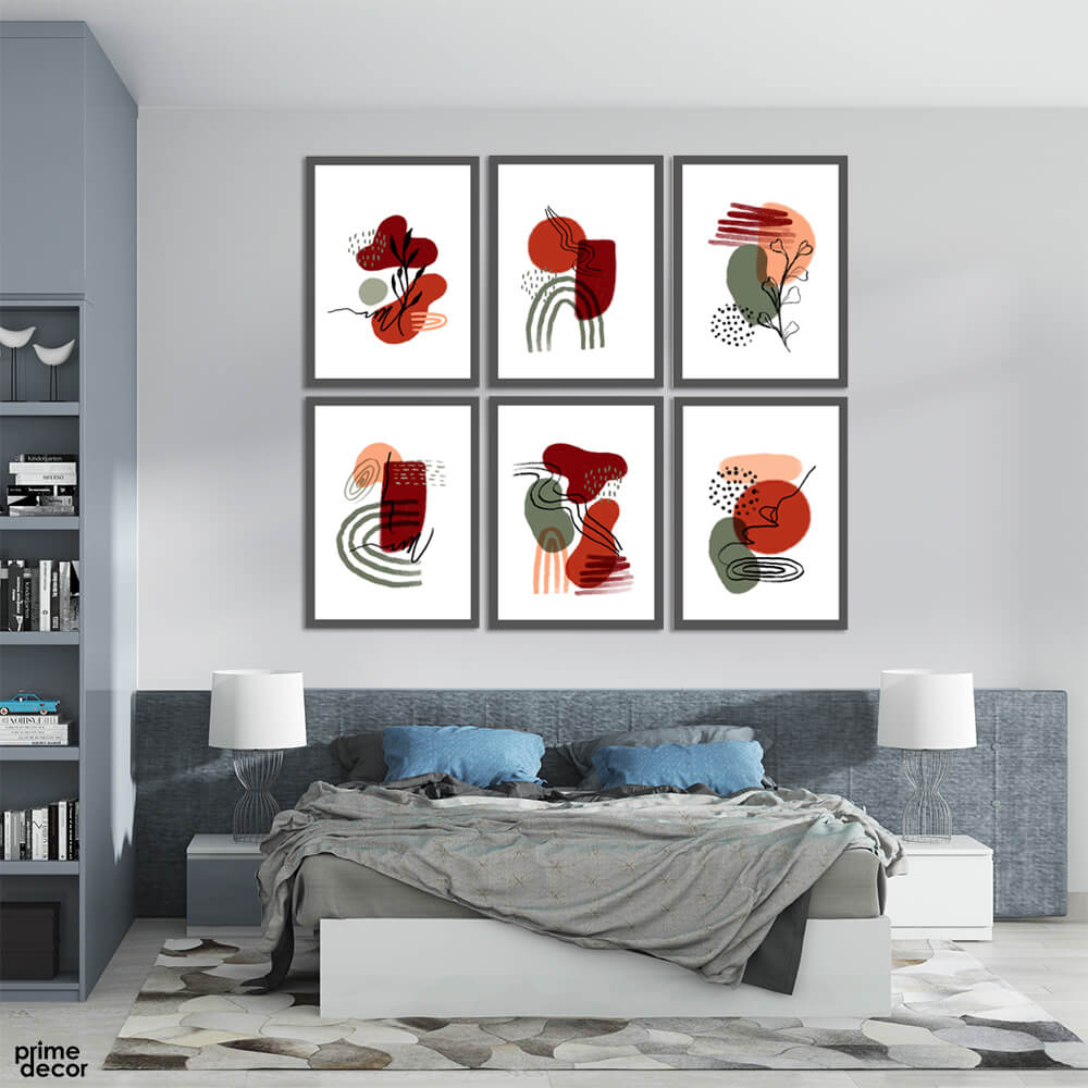 Maroon & Green Dotted Abstract (6 Panel) Abstract Wall Art - Prime Décor
