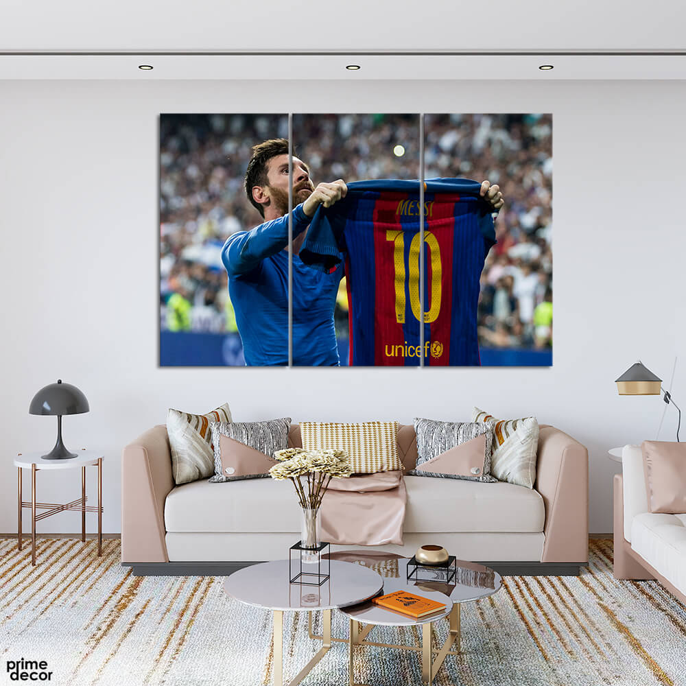 Messi Holding his No 10 Shirt (3 Panel) Sports Wall Art - Prime Décor