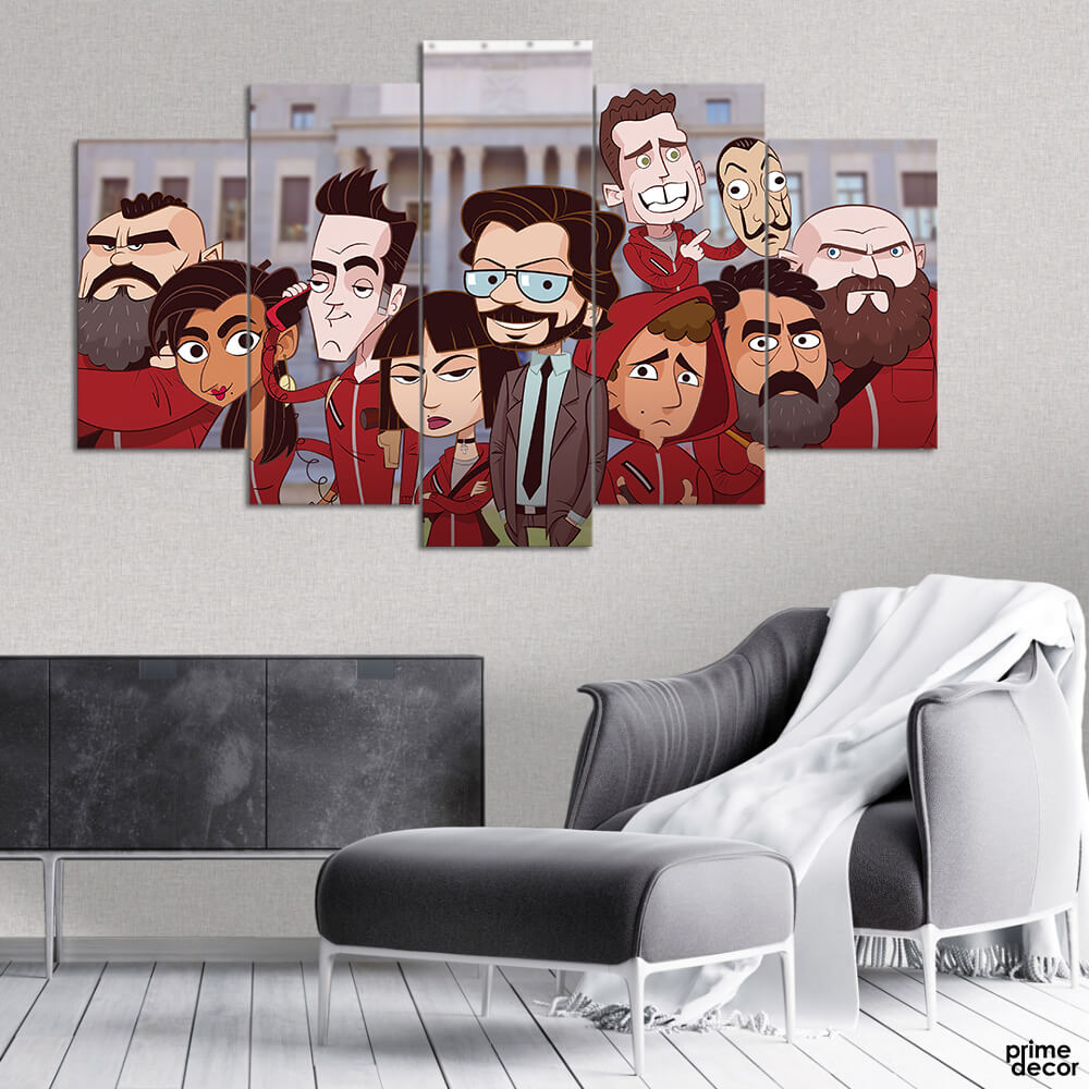 Money Heist Cartoonist Characters (5 Panel) Funny Wall Art - Prime Décor