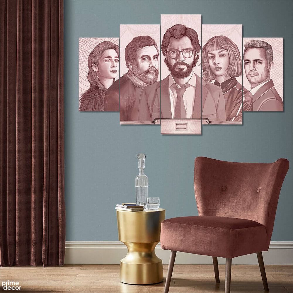 Money Heist Characters Line Art (5 Panel) Movie Wall Art - Prime Décor