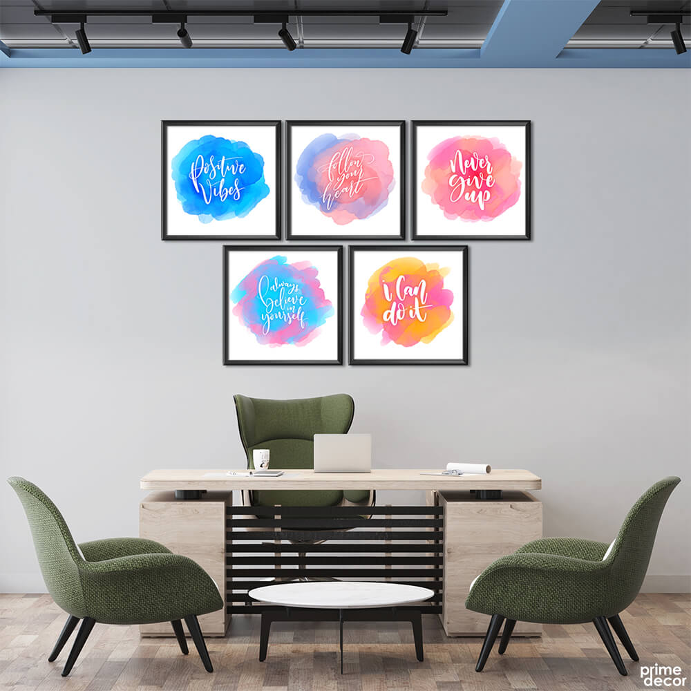 Motivational Typography over Watercolor Collection (5 Panel) Office Wall Art - Prime Décor