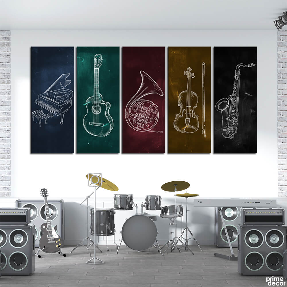 Musical Instruments Chalk Design (5 Panel) Music Wall Art On Sale - Prime Décor