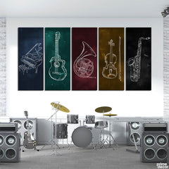 Musical Instruments Chalk Design (5 Panel) Music Wall Art On Sale - Prime Décor
