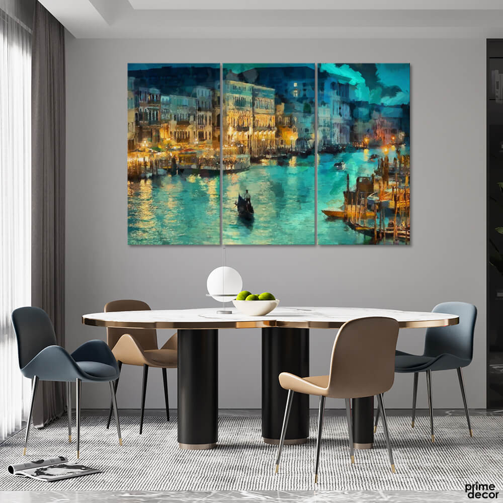 Night Lights At Venice Canal (3 Panel) Digital Painting Wall Art - Prime Décor