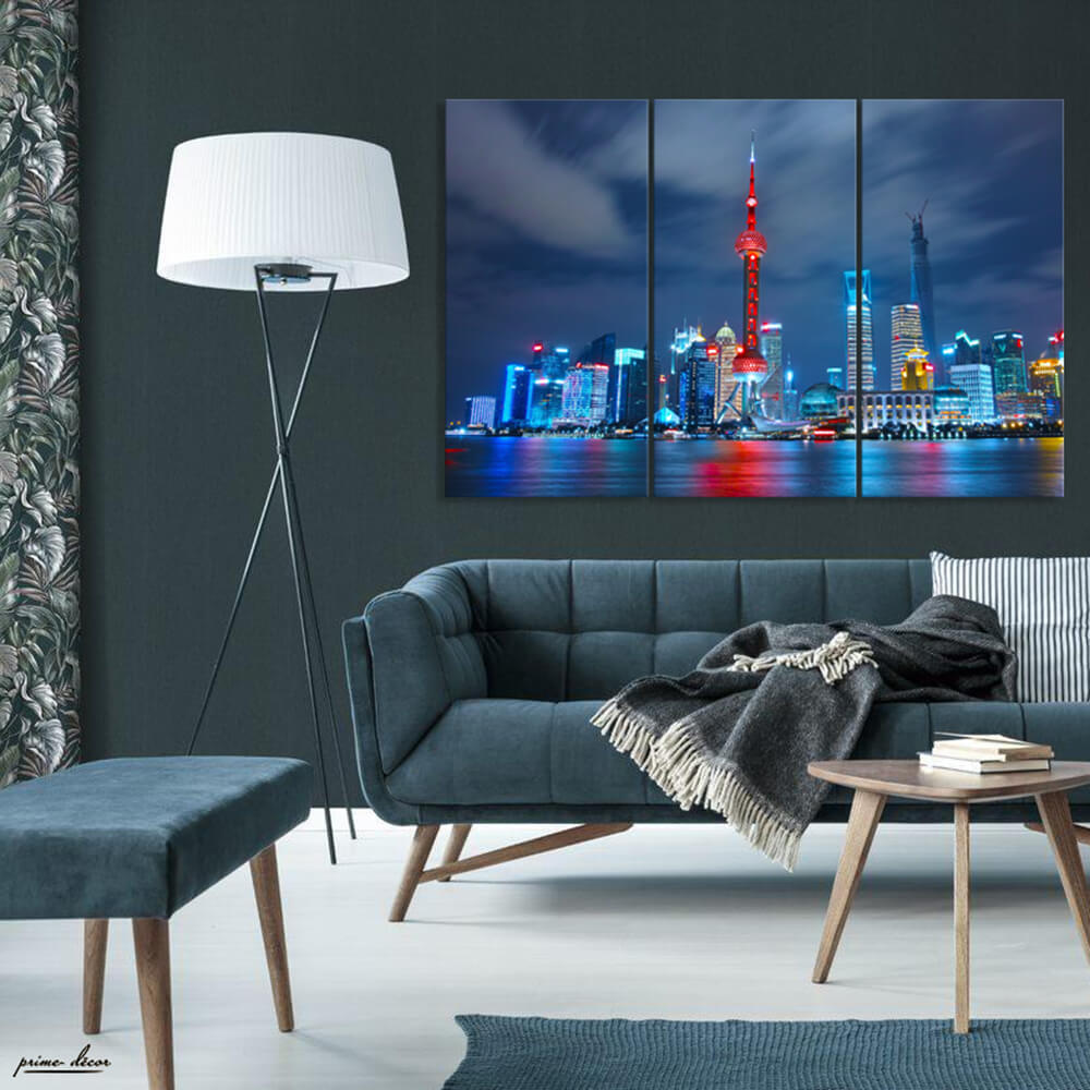 Night View Shanghai Skyline (3 Panel) Travel Wall Art - Prime Décor