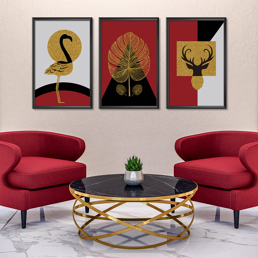 Nordic Elk and Flamingo Red Black (3 Panel) Nordic Wall Art - Prime Décor
