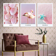 Nordic Flamingo Shell (3 Panel) Nordic Wall Art - Prime Décor