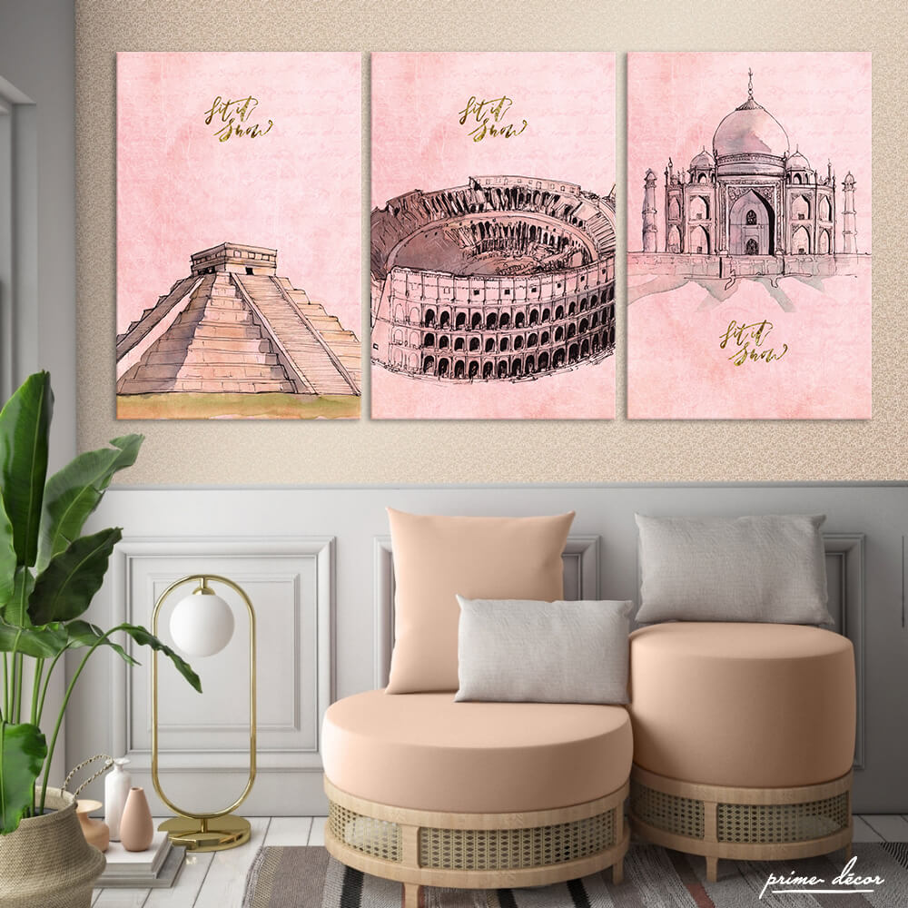 Nordic Line Famous Building Pink (3 Panel) Nordic Wall Art - Prime Décor