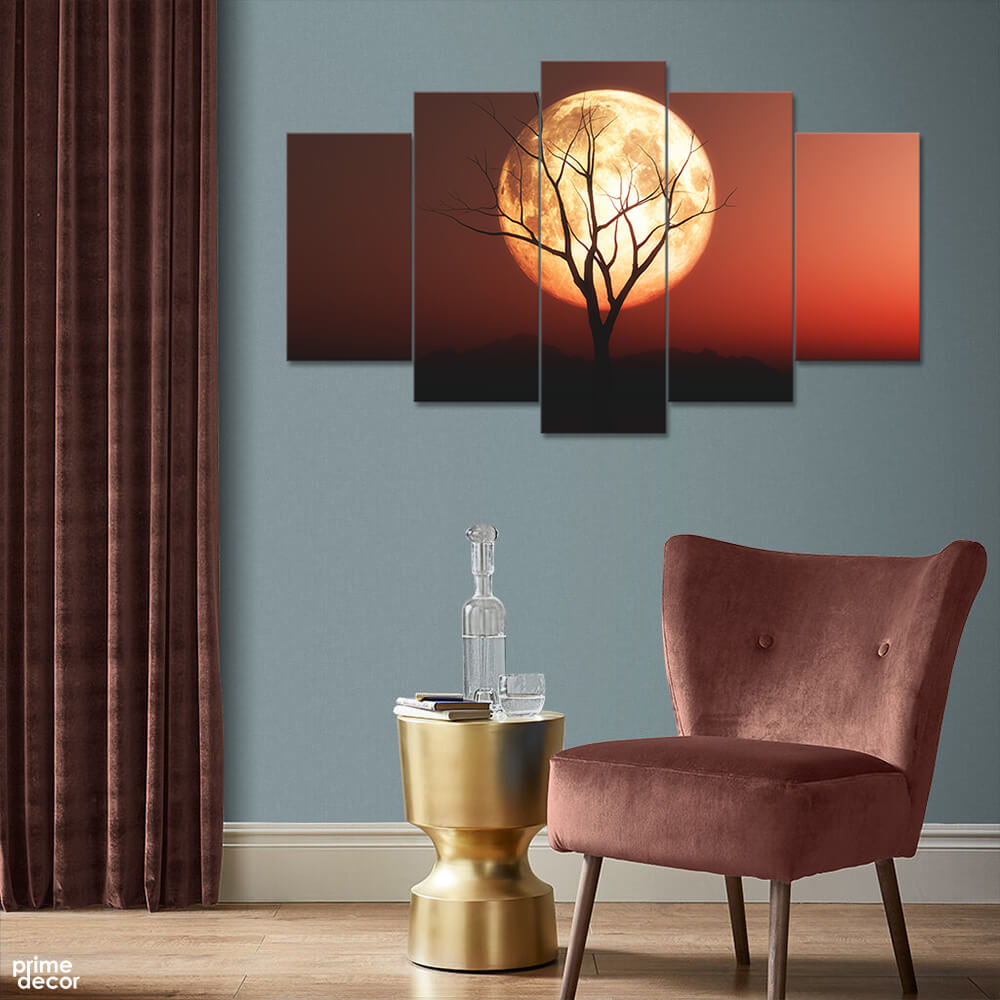 Old Tree Silhouette Against Red Moon (5 Panel) Landscape Wall Art - Prime Décor