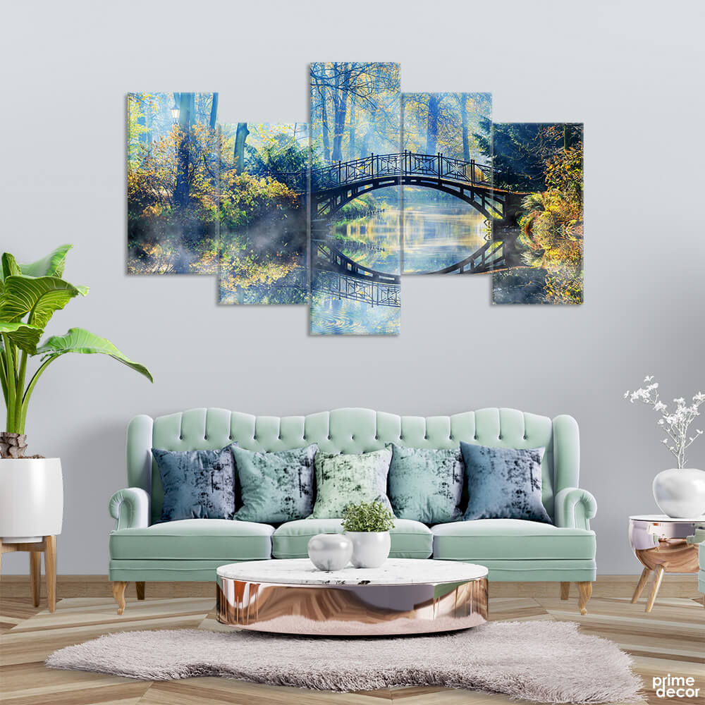 Pedestrian Bridge Over the Lake (5 Panel) Nature Wall Art - Prime Décor