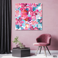 Pink Flowers With Alcohol Ink Texture (Single Panel) Floral Square Wall Art - Prime Décor