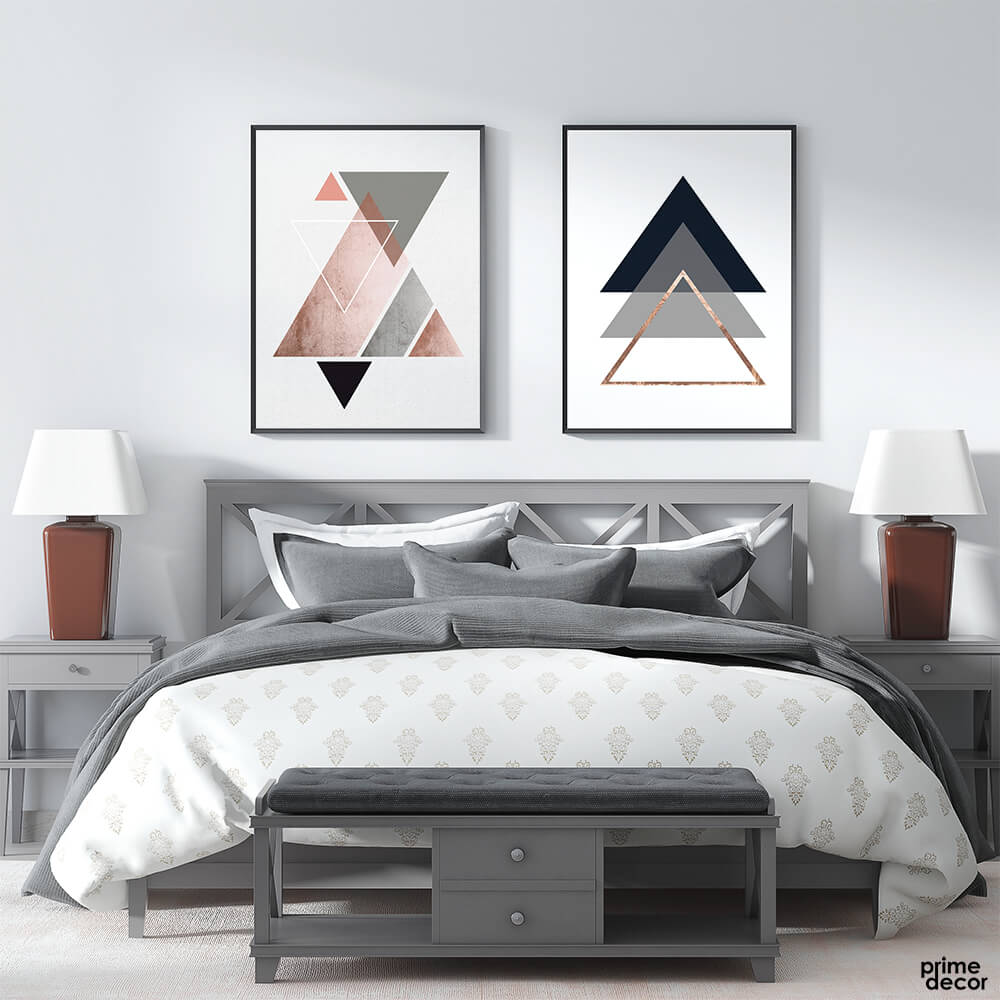 Pink Grey Geometric Triangles (2 Panel) Abstract Wall Art - Prime Décor