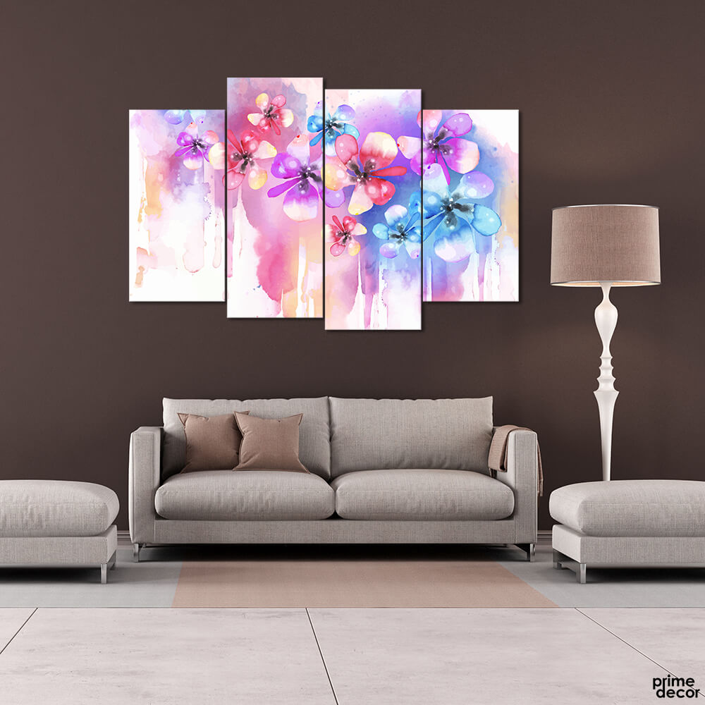 Pink & Blue Watercolor Flowers (4 Panel) Floral Wall Art On Sale - Prime Décor