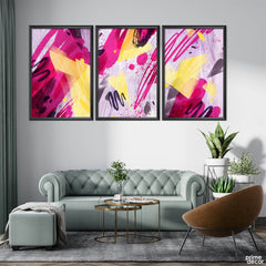 Pink & Yellow Paint Strokes (3 Panel) Abstract Wall Art - Prime Décor