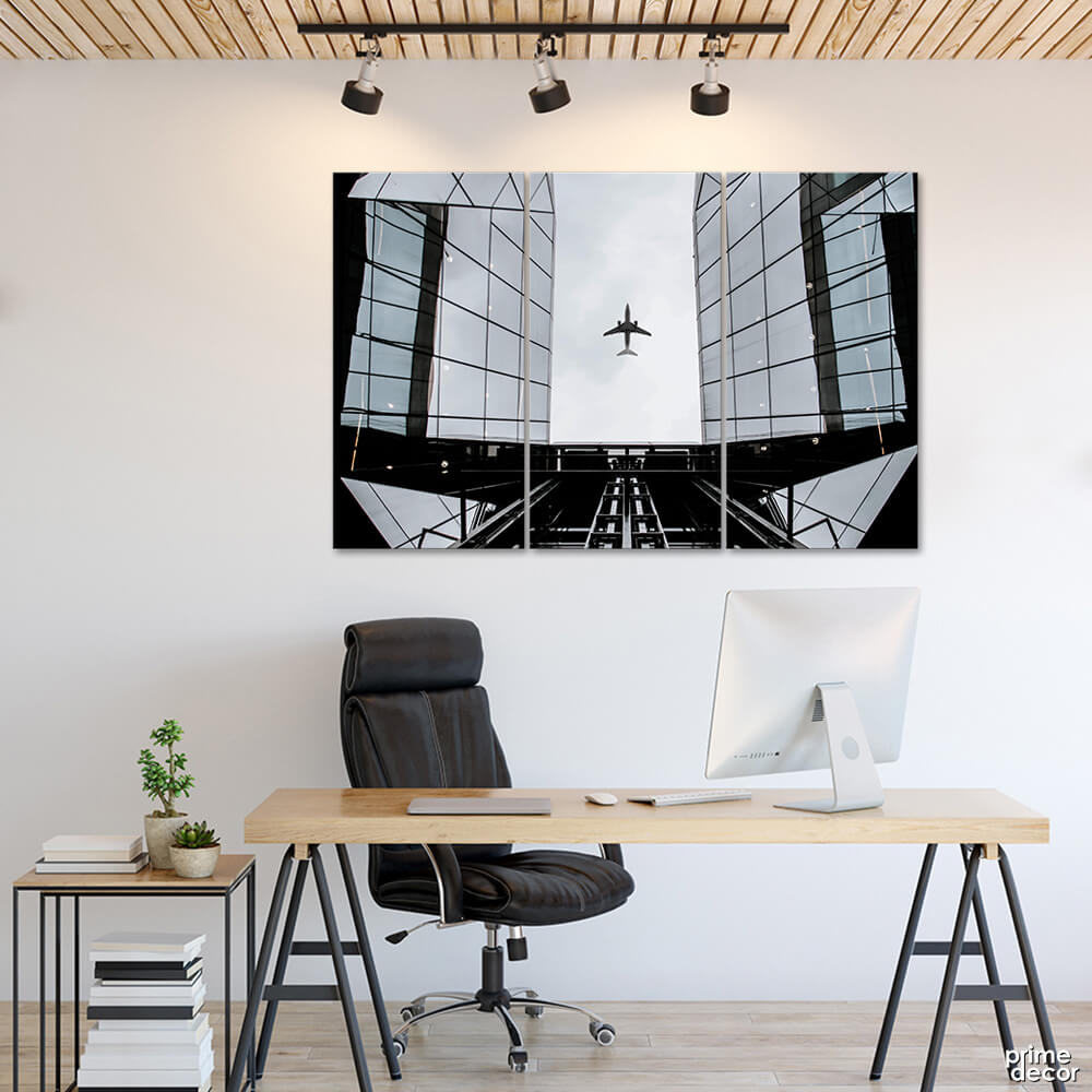 Plane Passing Through Buildings (3 Panel) Architecture Wall Art - Prime Décor