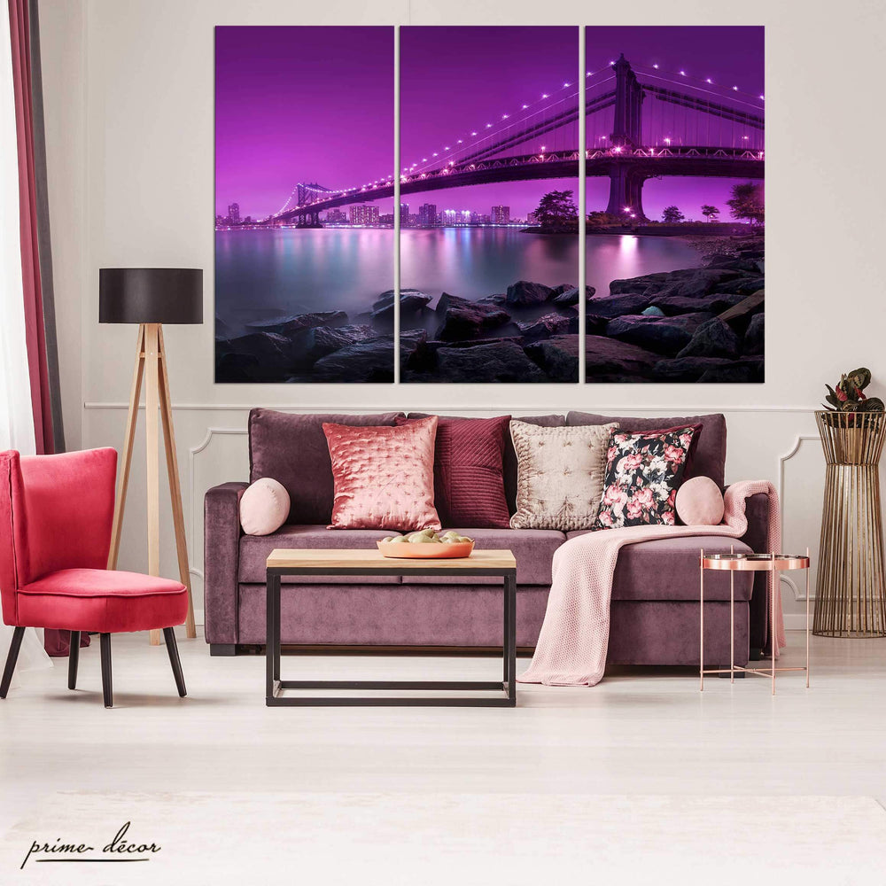 Purple Neon Bridge (3 Panel) Travel Wall Art - Prime Décor