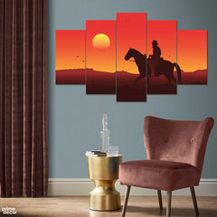 RDR Cowboy at Sunset Silhouette (5 Panel) Nature Wall Art - Prime Décor