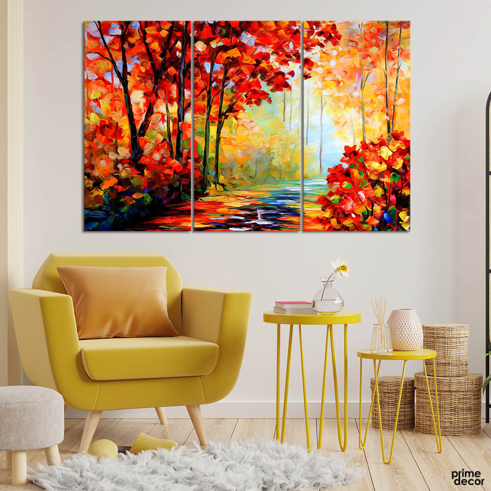 Red Autumn Leaves Oil Paint (3 Panel) Digital Wall Art On Sale - Prime Décor