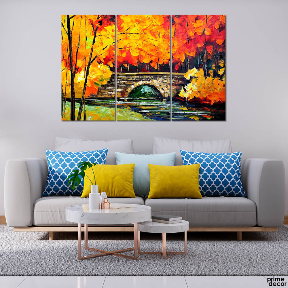 Red Autumn Trees over Bridge Oil Painting (3 Panel) Digital Wall Art - Prime Décor