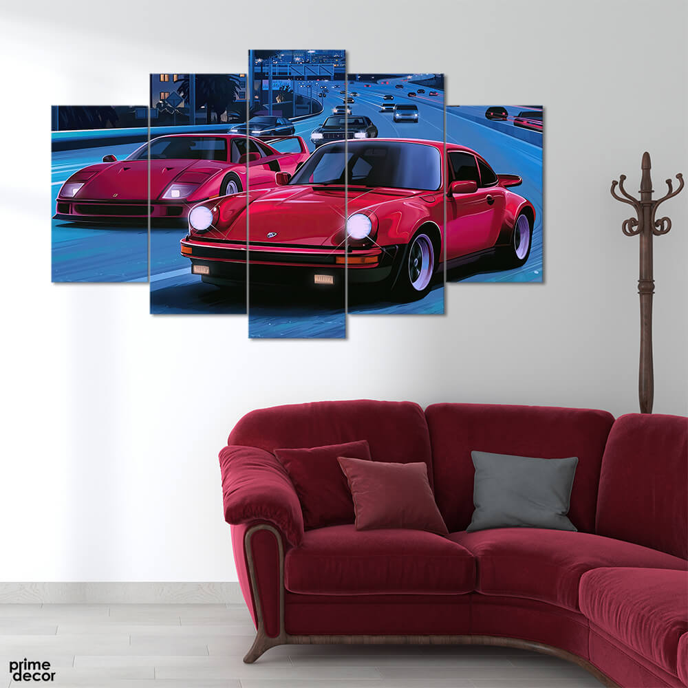 Red Ferrari’s Racing Vector Art (5 Panel) Cars & Bikes Wall Art - Prime Décor