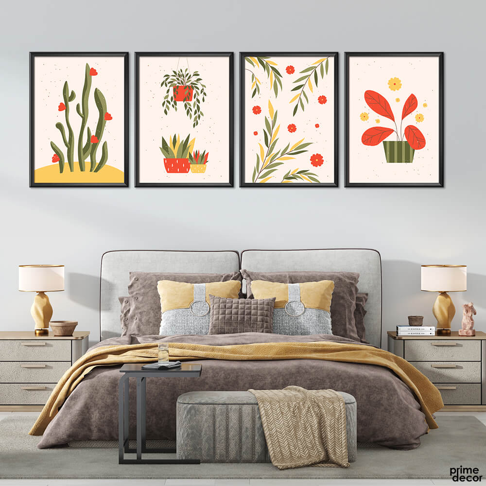 Red & Green Cactus Plant (4 Panel) Digital Wall Art - Prime Décor