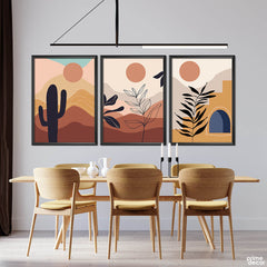 Rock Desert Leaves Line Art Design (3 Panel) Abstract Wall Art - Prime Décor