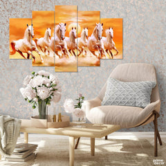 Seven White Horses Running (5 Panel) Animal Wall Art - Prime Décor