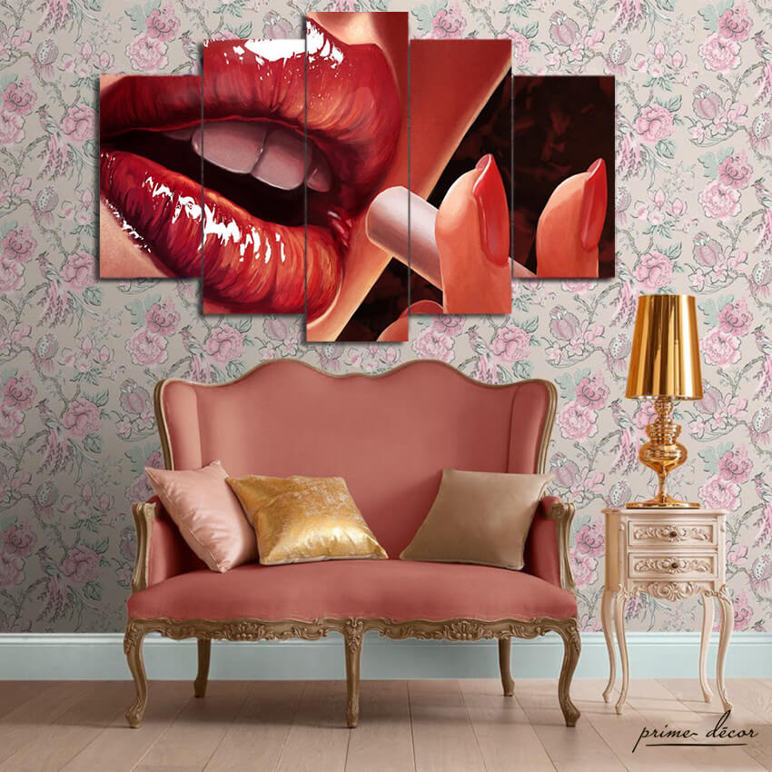 Smoking Red Lips (5 Panel) Fashion Wall Art - Prime Décor