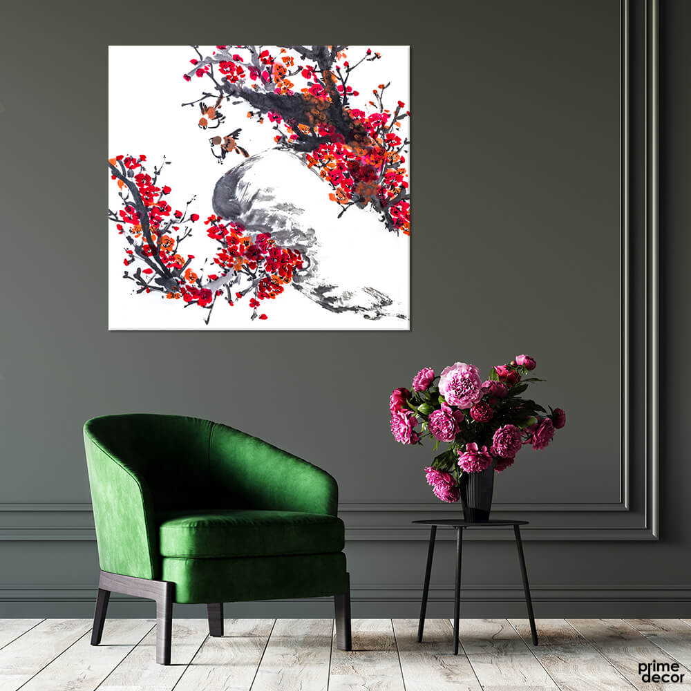 Sparrows on Red Flowers | Floral Wall Art - Prime Décor