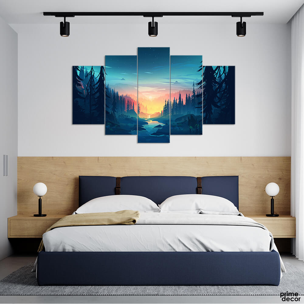 Stunning Sunset In Pine Forest Digital Art (5 Panel) Landscape Wall Art - Prime Décor