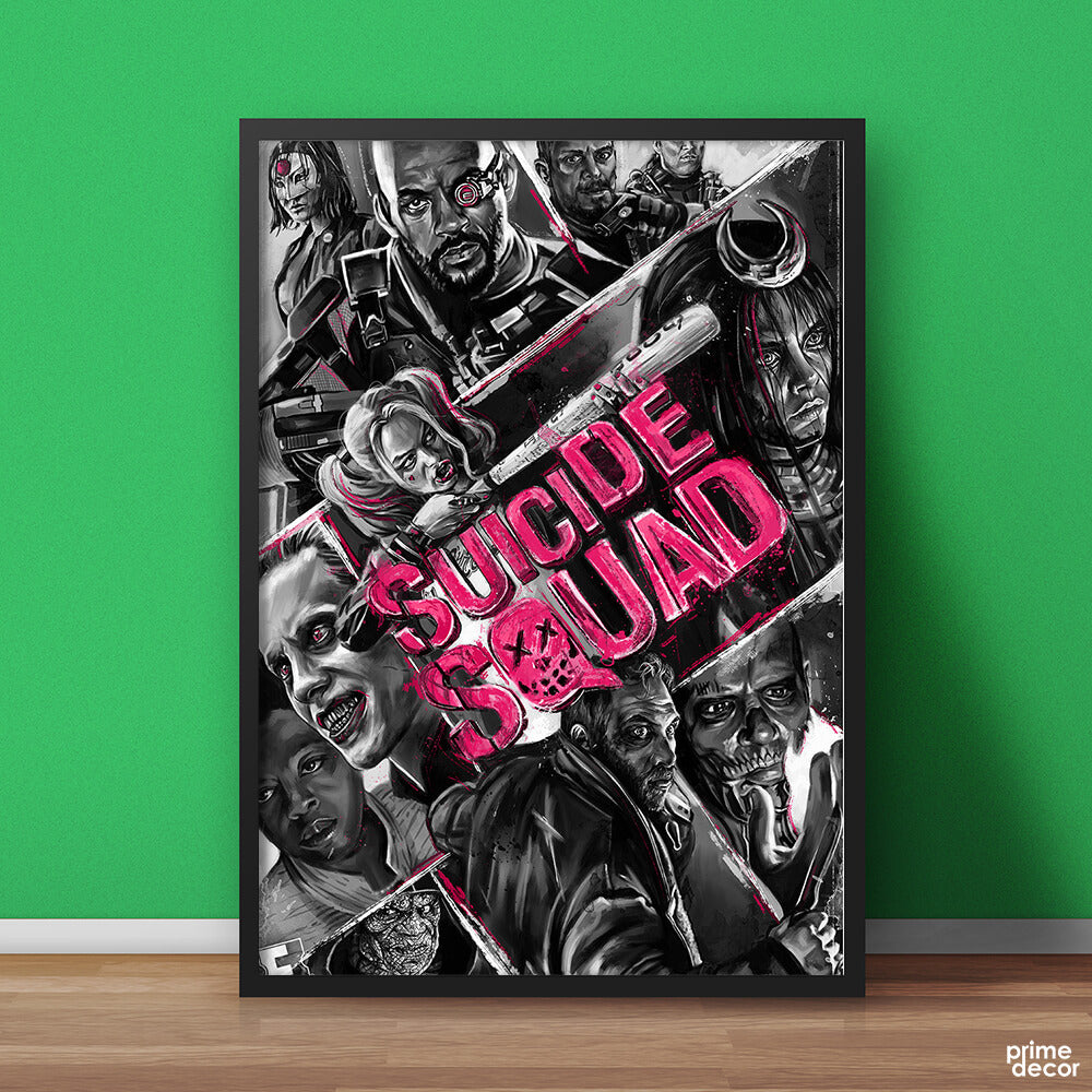 Suicide Squad Black & White Pink Typography | Movie Poster Wall Art - Prime Décor