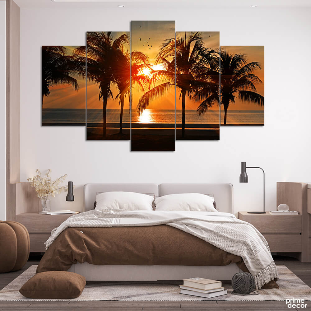 Sun Setting in the Palm Trees (5 Panel) Landscape Wall Art - Prime Décor