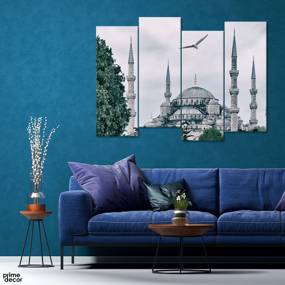 The Blue Mosque with Seagull Sky (4 Panel) Islamic Wall Art - Prime Décor