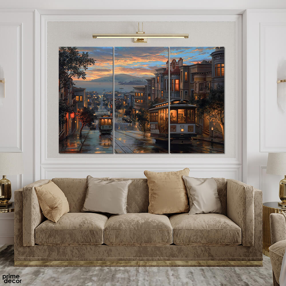 Trams in Rainy Night (3 Panel) Digital Painting Wall Art - Prime Décor