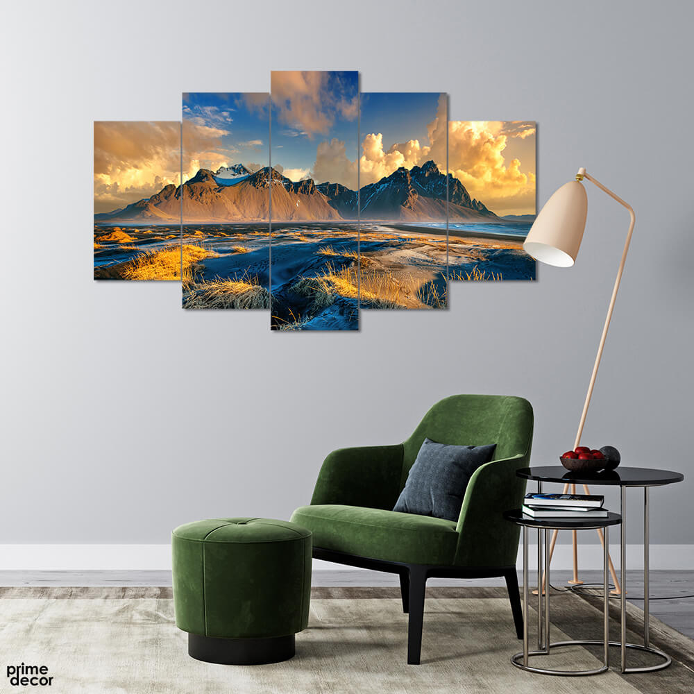Vestrahorn Mountain at Sunset Iceland (5 Panel) Landscape Wall Art - Prime Décor
