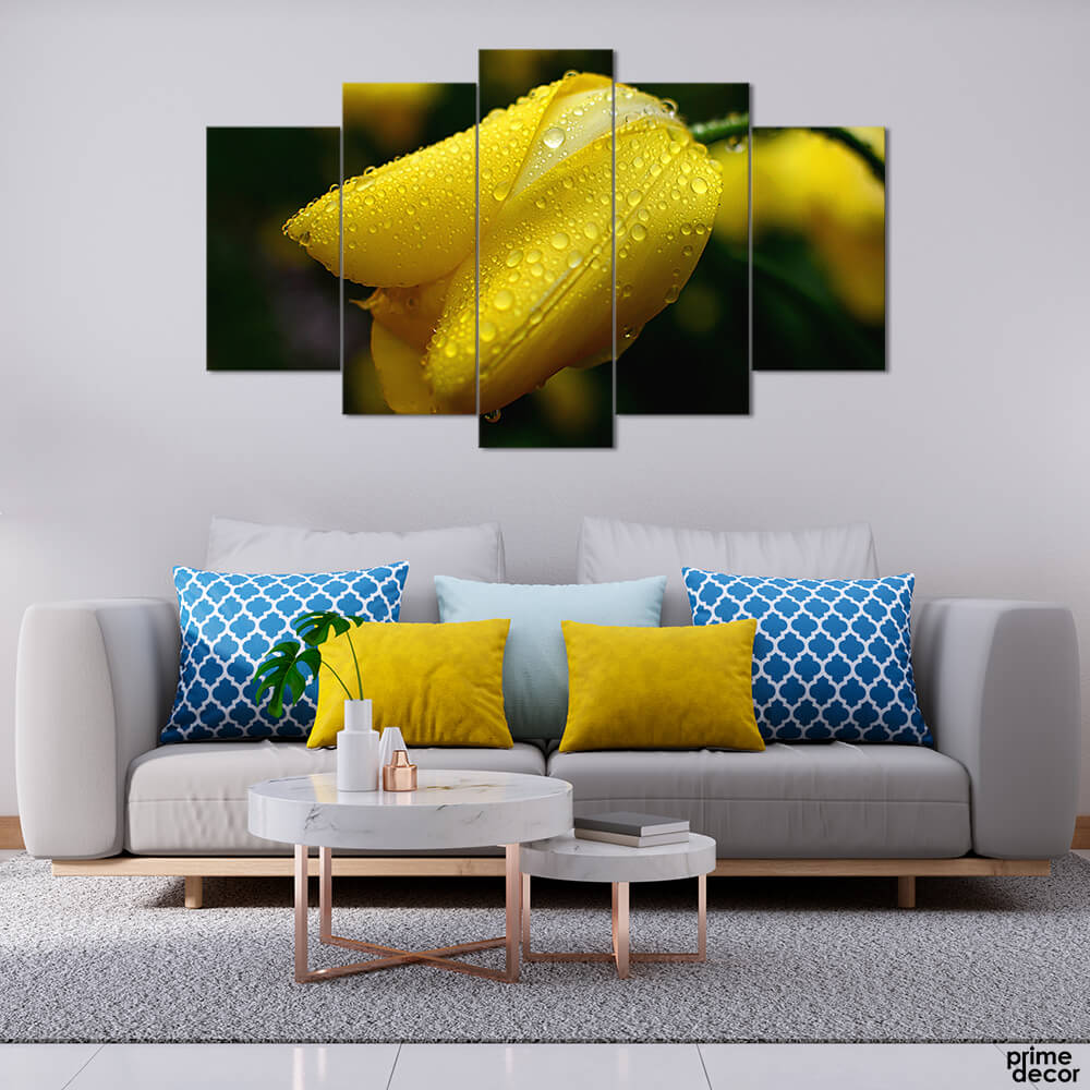 Water Drops on Yellow Tulip (5 Panel) Floral Wall Art - Prime Décor