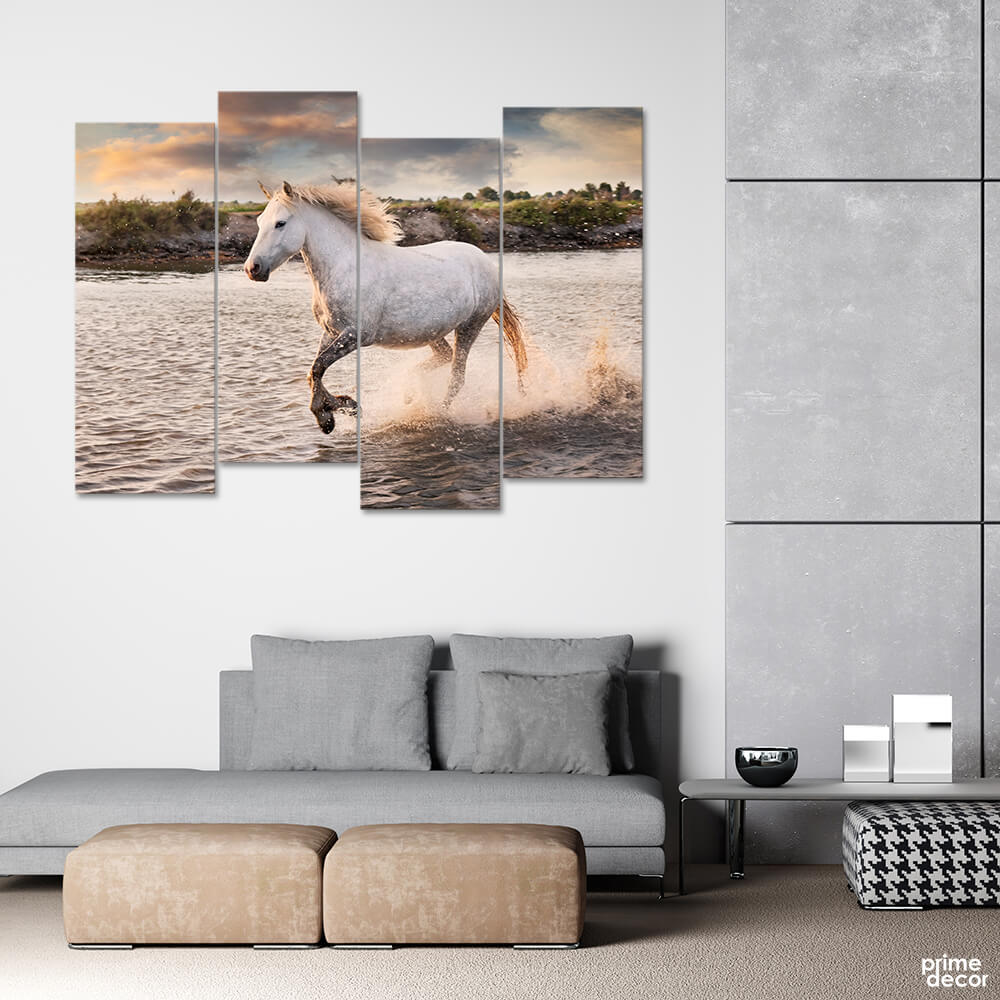 White Horse Running on Beach (4 Panel) Animal Wall Art On Sale - Prime Décor