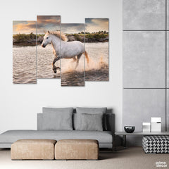 White Horse Running on Beach (4 Panel) Animal Wall Art On Sale - Prime Décor